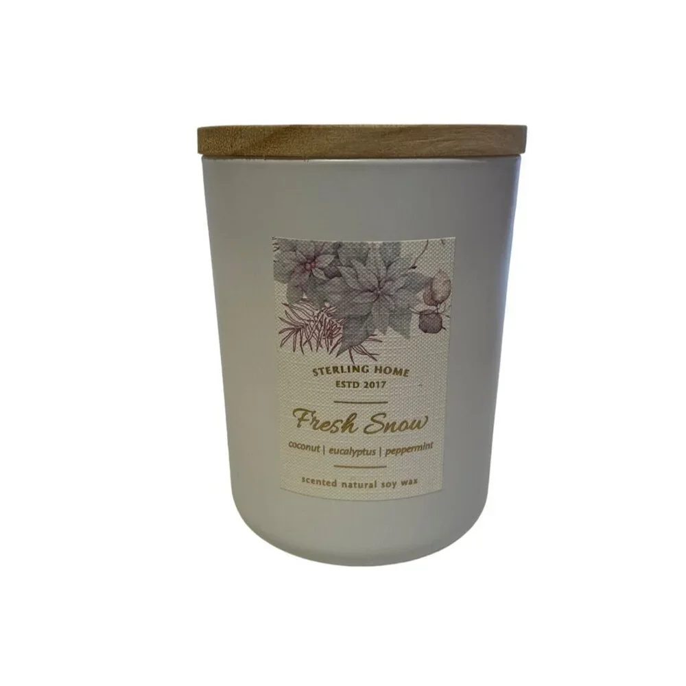 Sterling Home Fresh Snow Scented Natural Soy Wax Candle with‎ Bamboo Lid 15 Oz